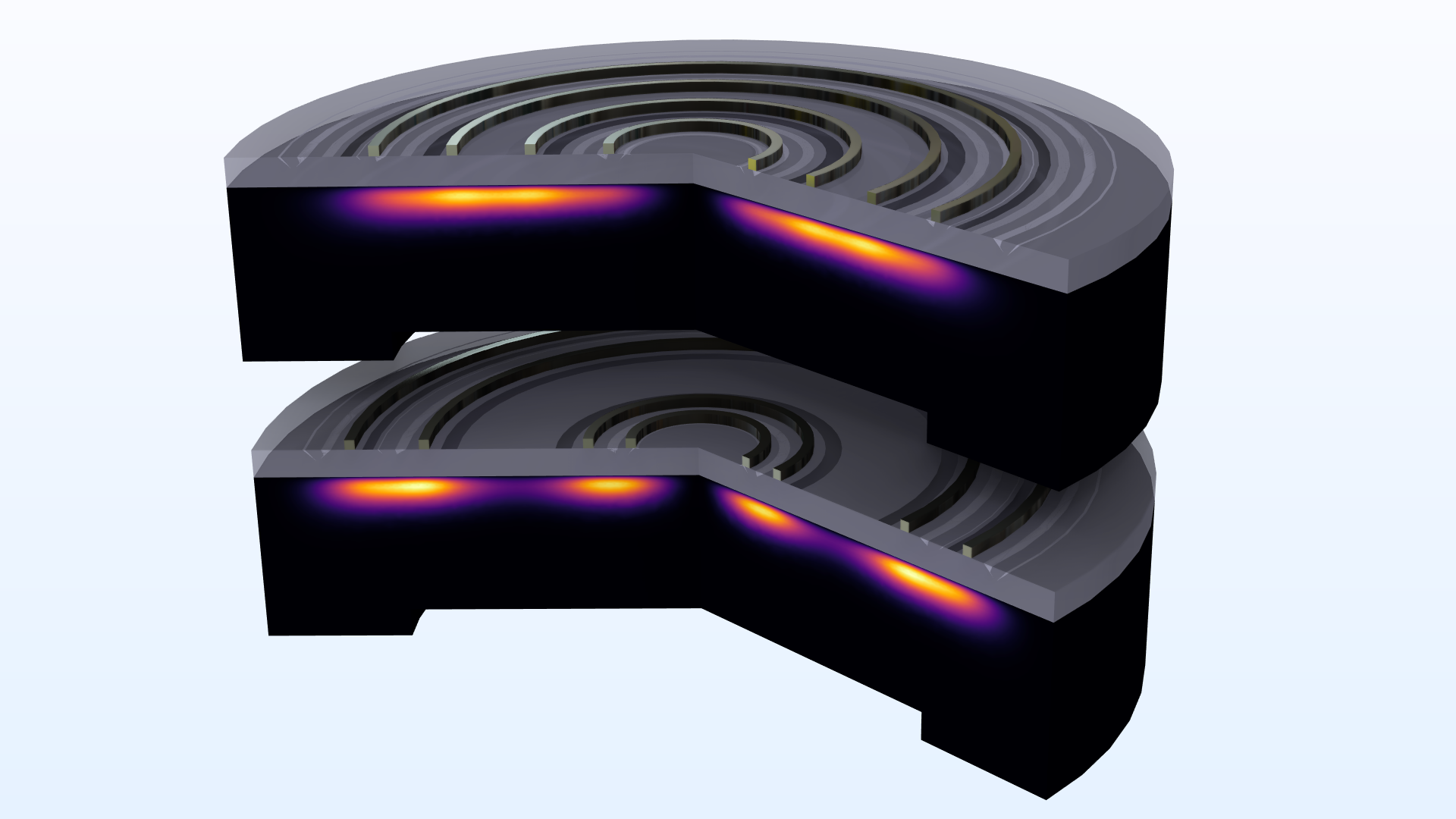 Results from an inductively coupled plasma reactor model visualized using the Inferno color table.