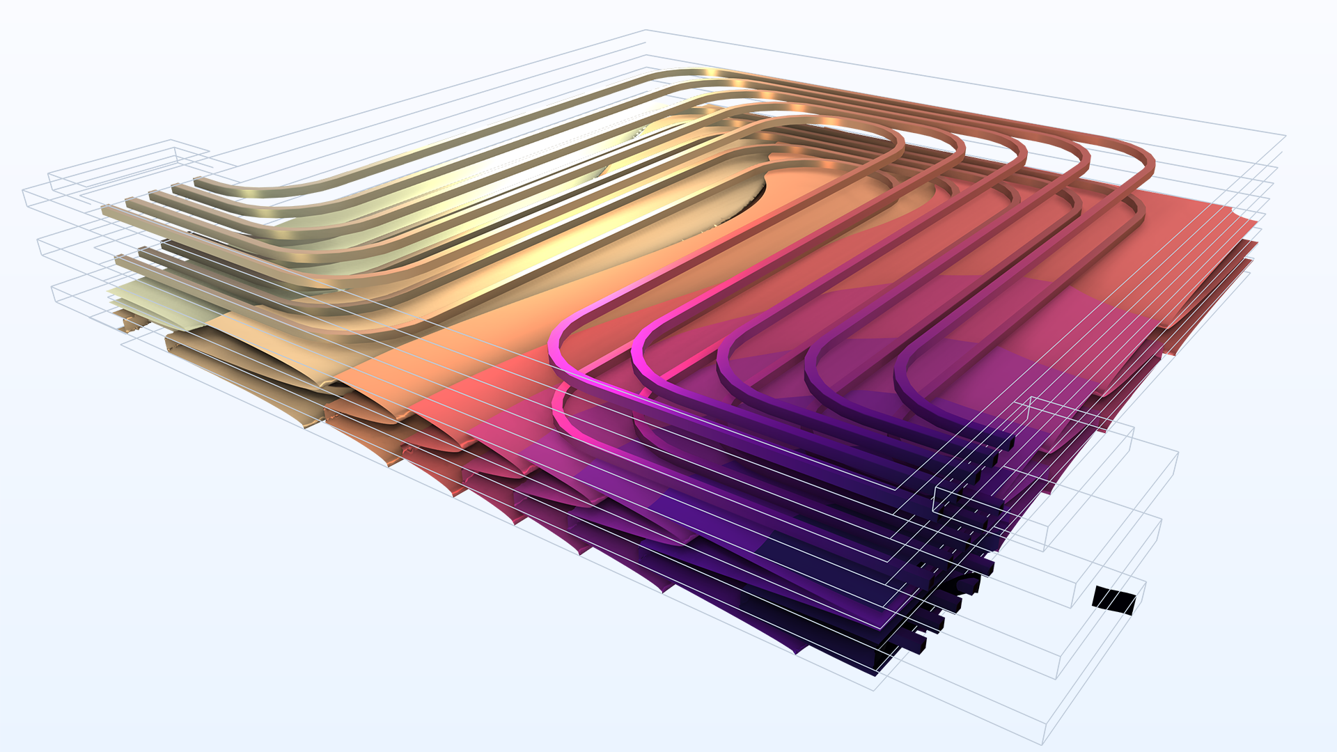 Results from a liquid-cooled battery pack model visualized using the Magma color table.